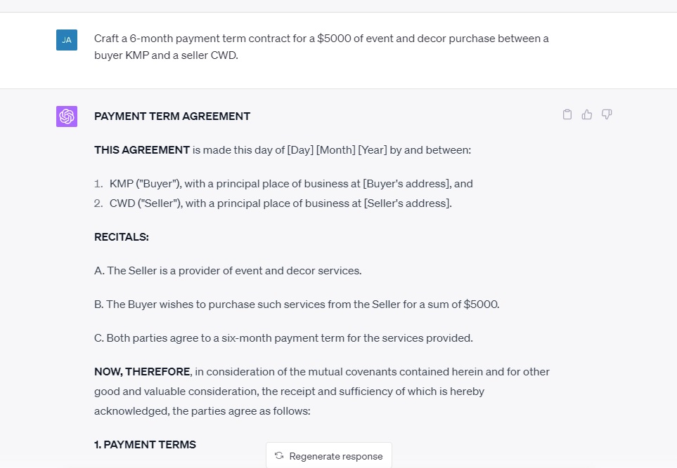 Craft a 6-month payment term contract for a 